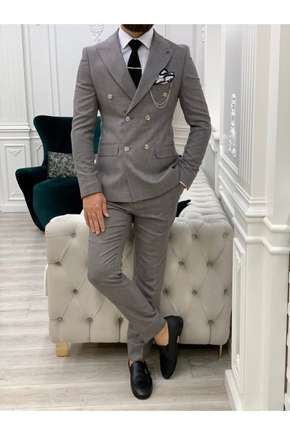 Men's Double-Breasted Suit Italian Cut S Slim Fit Jacket Trousers-Cherry Rot