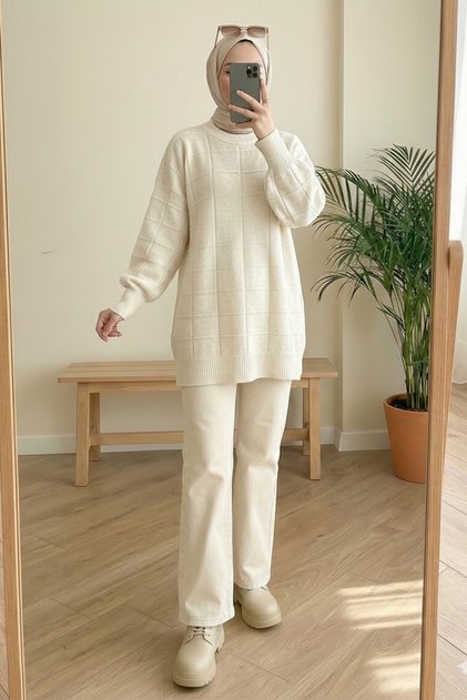 Kare Desenli Yumoş Triko Tunik - Krem