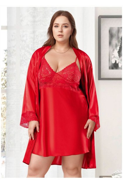 Plus Size Satin Nightgown and Robe Set - Red with Lace 2-Piece Plus Size