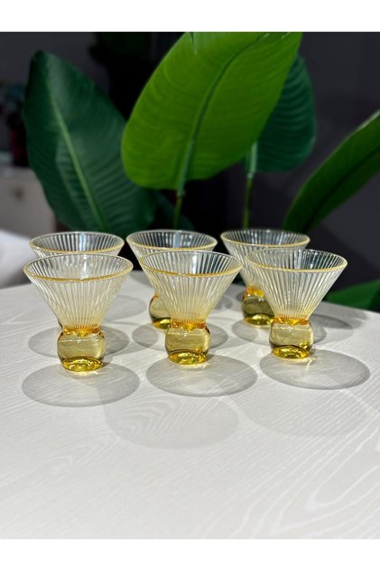 Royking Ayaklı Dondurmalık Dik Çizgi Sarı Kase Kokteyl Bardak YV-352