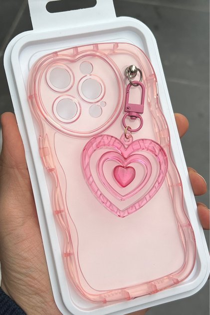 iPhone 14 Pro Compatible - Pink Color Zigzag Design Silicone Cover with Heart Apparatus for a More Stylish Case
