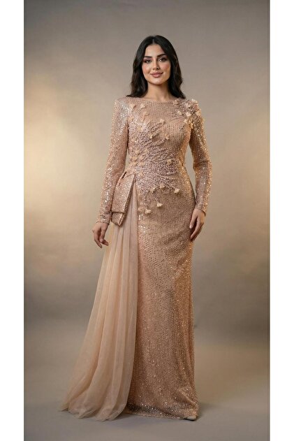Tulle Detail Sequin Embellished Modest Evening Dress