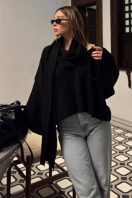 Black Scarf Detailed V-Neck Oversized Women's Knitwear Sweater