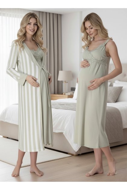 New Season Green Striped Summer Lace Detailed Strap Stylish Maternity Dressing Gown Nightgown Set