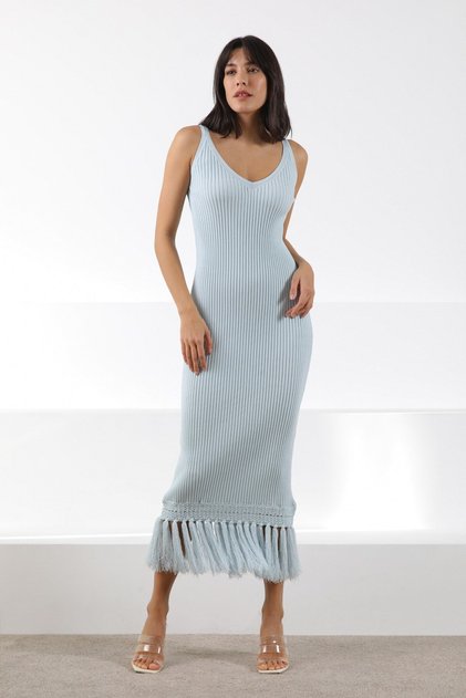 Blue Viscose Blended Women's Knitwear Dress with Tassel Detail