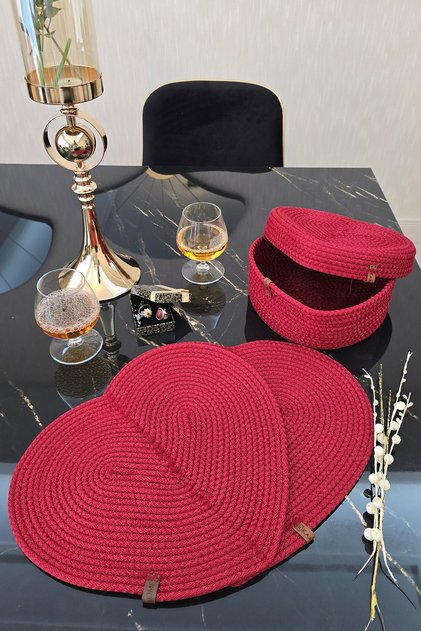 Special Heart Patterned Red Handmade Bread Basket Set with 2 Pieces of Bread Boards and 1 Piece of Lid