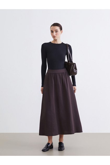 Brown Elastic Waist Flared Skirt