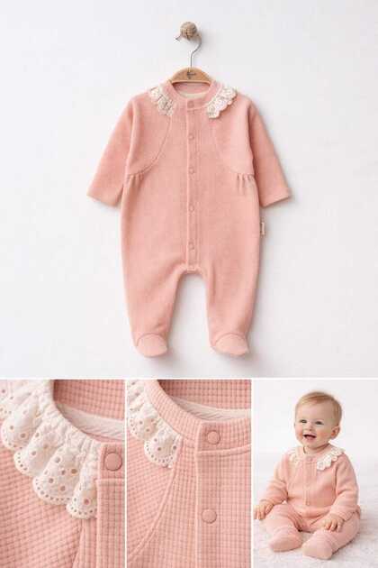 Newborn Baby Romper with Scalloped Collar – Long Sleeves with Snap Buttons on Feet – Cotton – Pink