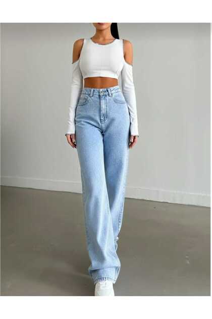 Hande Women's 90's Light Snow Wash Blue Lycra Super High Waist Loose Jeans Palazzo Trousers