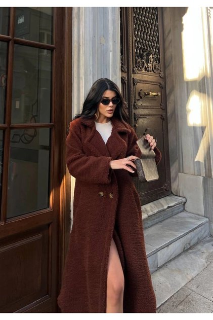 Premium Plush Long Coat - Brown