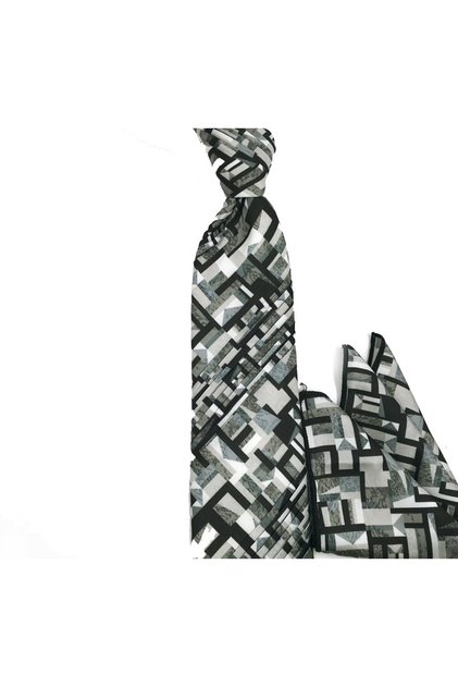 Black White Gray Special Patterned Pleated Handkerchief Tie 33255 Black