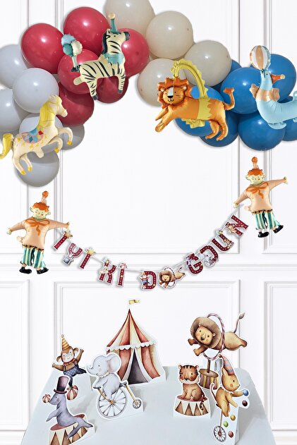 Circus Theme Birthday Luxury Balloon Chain Set with Banner and Tabletop Board Decoration Set