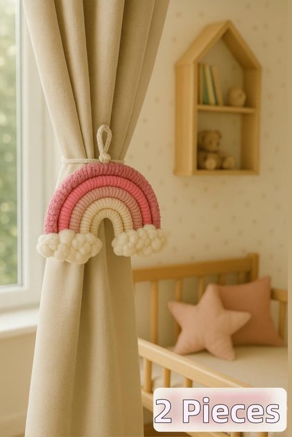 Set of 2 Handmade Pink Curtain Background Holders Room Decoration - Macrame Baby, Children's Room, Newborn Room Accessory