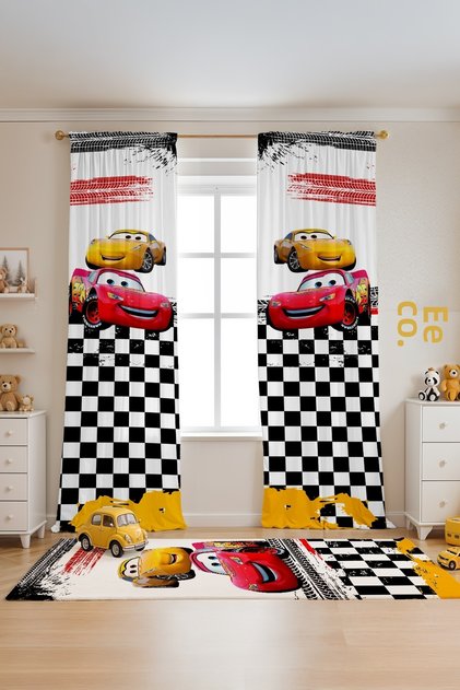 Checkered Mcqueen Patterned Children's Baby Room Background Curtain (Single Wing Pricing)
