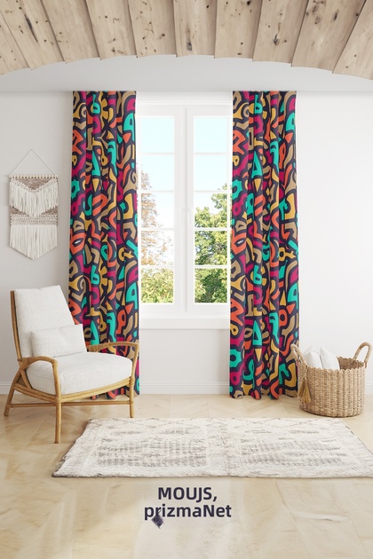 Colorful Shape Patterned Background Curtain Youth Room Living Room Suede Printed Extrafor Drawstring 2 Sash PRD-2002