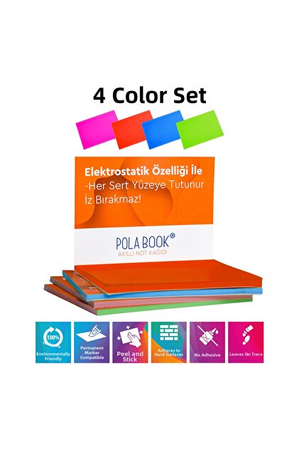 Smart Note Paper 7X10 cm 50 Sheets - Non-Adhesive Post-It - 4 Pieces - Green Blue Red Pink