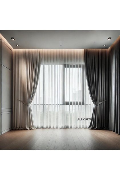 Grek Ütü İstemeyen Modern Tulle, Straight White Tulle Curtain with Skirted Leads 1/3 Pile (Heavyly Piled) Alpine Curtain