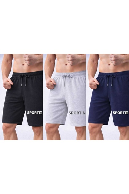 Pachet de 3 pantaloni scurți sport casual cu buzunare, negru-gri-albastru marin - Pantaloni scurți sport pentru bărbați cu imprimeu