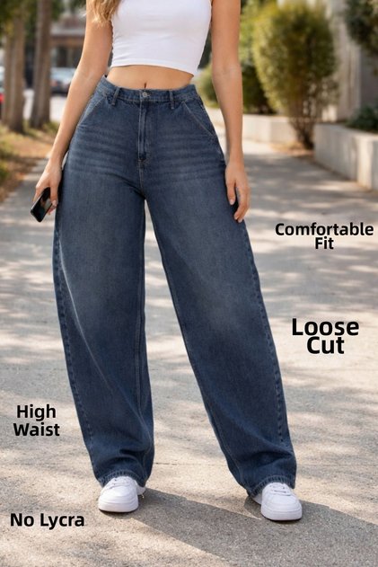 Women's Dark Blue Skater Baggy High Waist Cotton Jean Trousers C615-Dark-Blue