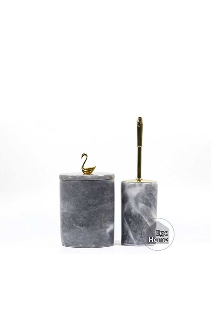 Decorative Gray Marble Bathroom Set with 2 Gold Accessories Design Set\Marble Trash Can & Wc Brush Set