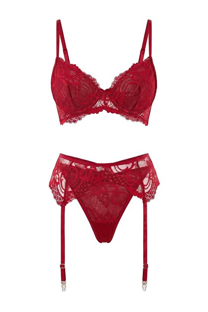 Trendyol Collection Burgundy Lace Capless 3-Piece Garter Fancy/Underwear  Set Thmss26Cc00015- Trendyol