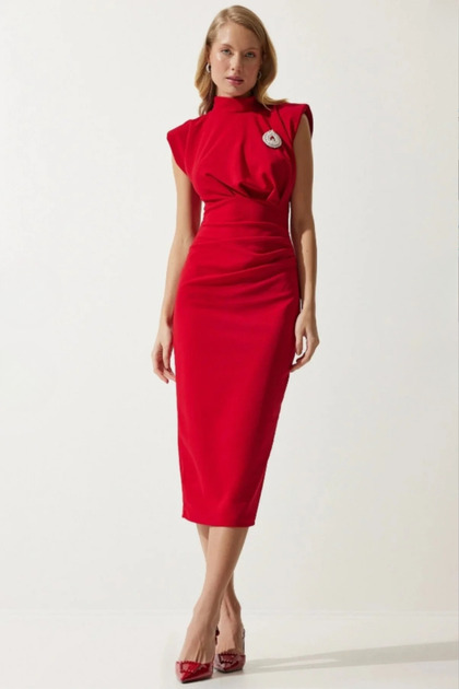 Women's Red Shoulder Pad Piece Brooch Detailed Evening Dress Elegant - Stylish Combination