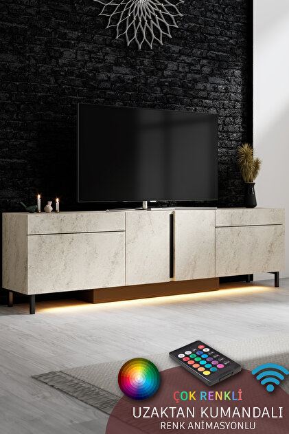 PARİS TV ÜNİTESİ LED IŞIKLI METAL AYAKLI MODERN TRAVERTEN TV SEHPASI