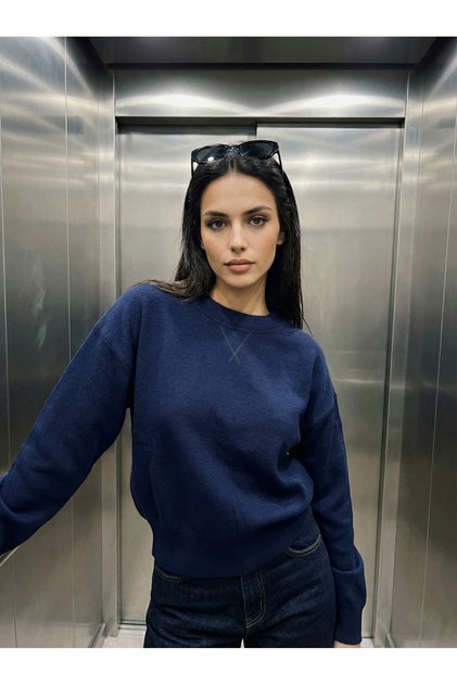 Navy Blue Viscose Crew Neck Long Sleeve Women's Sweater