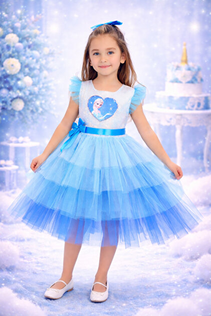 open lace back dress Kids Elsa Princess Costume Snow Girls Dress With Crown Scepter Wig Cos   Sun Baby
