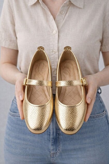 Gold Patent Leather Mary Jane Ballet Flats Stylish Buckle Comfortable Sole Casual Shoes Byndlck01
