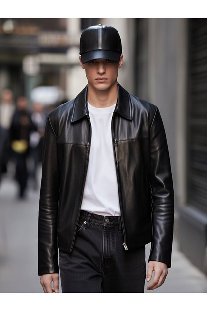Hakiki Deri Unisex Siyah Deri Cap Ayarlanabilir Şapka