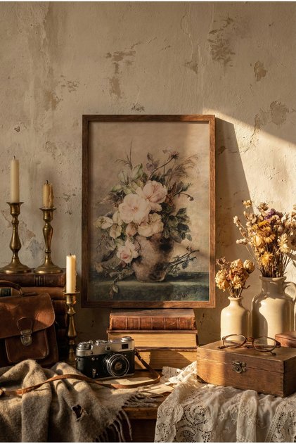 Still Life with Bush Roses in a Vase - Wooden Patterned Frame