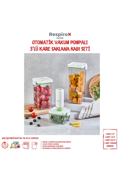 Respiroxhome Vakumlu Saklama Kabı Başlangıç Seti 3lü Şarjlı Pompalı