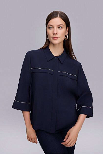 Chain Detailed Three Quarter Sleeve Navy Blue Blouse