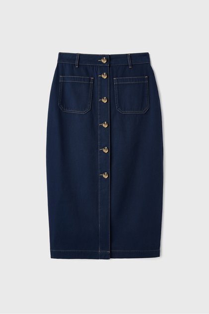 Buttoned Front Midi Length Navy Blue Skirt