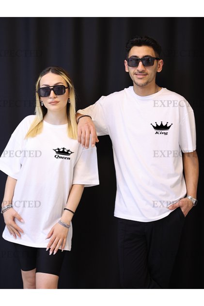Dear Couple Friend Combination King Queen Printed Oversize Unisex T-Shirt - 2 Pieces