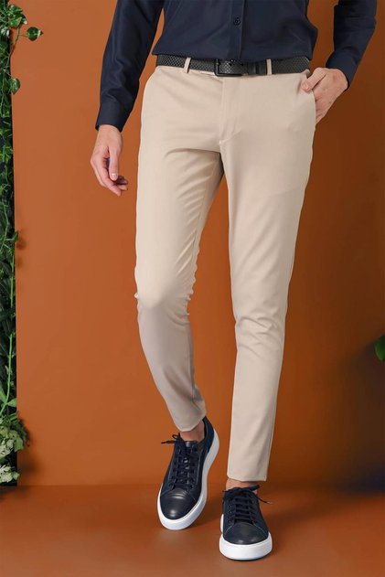 Erkek Slim Fit Yan Cep Esnek Pamuk Casual Bej Pantolon P 1147
