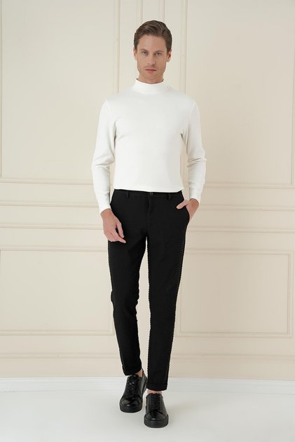 Slim Fit Waffle Fabric Stretchy Cotton Black Trousers P 1168