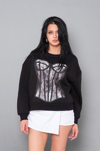 Fit Corset Printed Hoodless Relaxed Fit Women's Black Sweatshirt