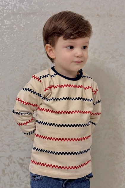 Baby Boy Long Sleeve T-Shirt with Placket, Minimal Marine Stripes, 9 Months-3 Years, Cream