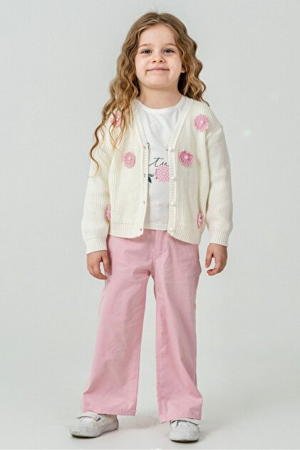 Girl's 3-Piece Set – Cardigan, Printed T-Shirts and Pants | Floral Motif, High-Quality Fabric, Comfortable Fit