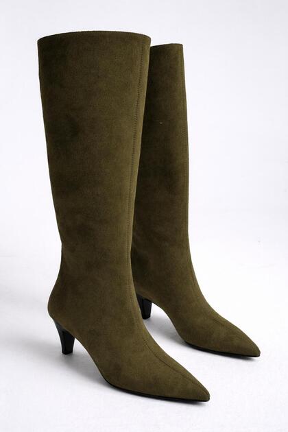 Women's Khaki Suede Heeled Pointed Toe Below-The-Knee Boots