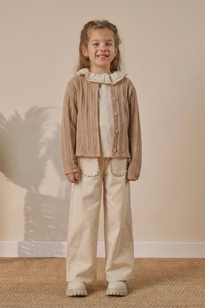 Girl's Top and Bottom Set with Cardigan and Pocket Detail, Holiday 3-Piece Set, Brown