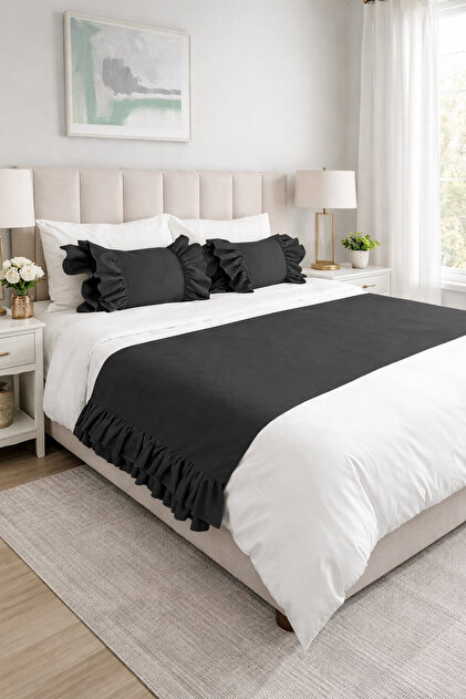 Bed Runner & Inner Filled Throw Pillow Set Double Ruffle Black, Dowry, Bedspread