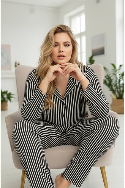 Black Patterned Large Size Oversized Shirt Collar Button Milan Knitted Pajamas Suit25224328