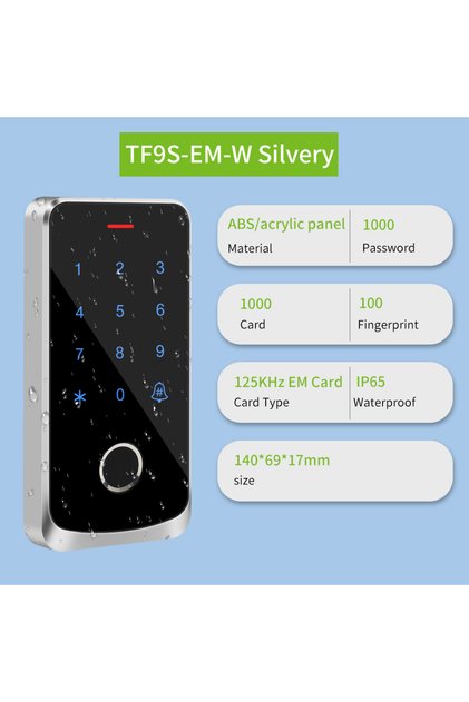 لوحة مفاتيح TF9S-EM-silver للتحكم في الوصول ببصمة الإصبع، مزودة ببطاقة تعريف ذكية ببصمة الإصبع IC.