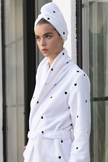 "Les Cœurs" Women's Bathrobe / Dressing Gown Set with Hair Bonnet