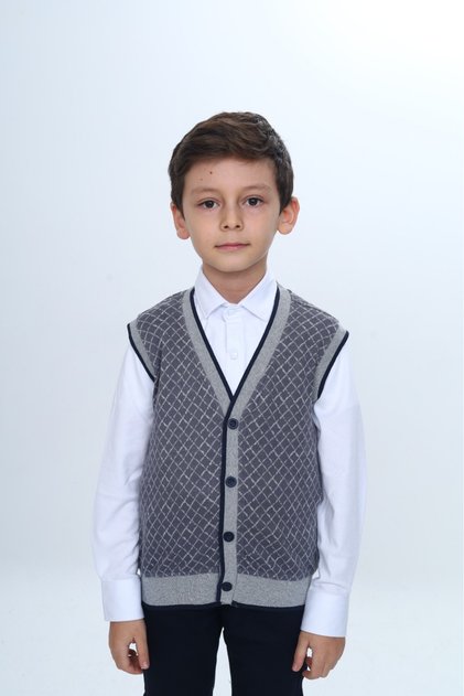 Boy's V-Neck Buttoned Knit Vest - Diagonal Patterned