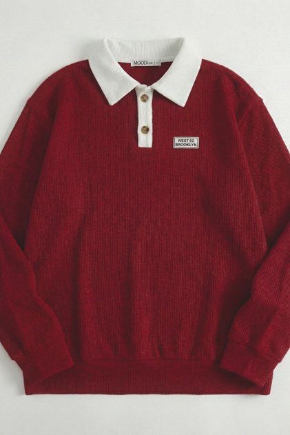 Burgundy Polo Neck Buttoned Waffle Fabric Long Sleeve T-Shirt