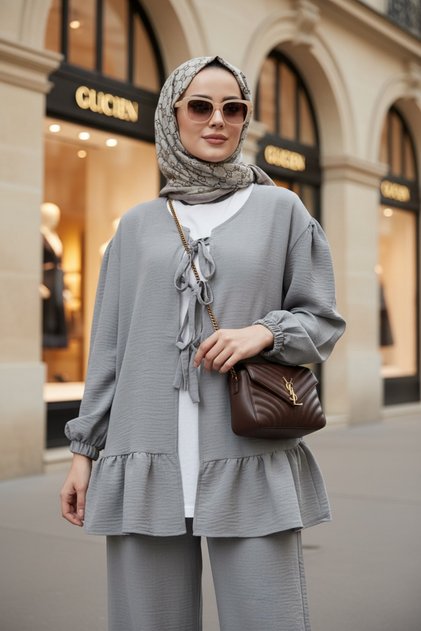 Linen Cotton Ribbon Frilly Kimono Set Light Gray